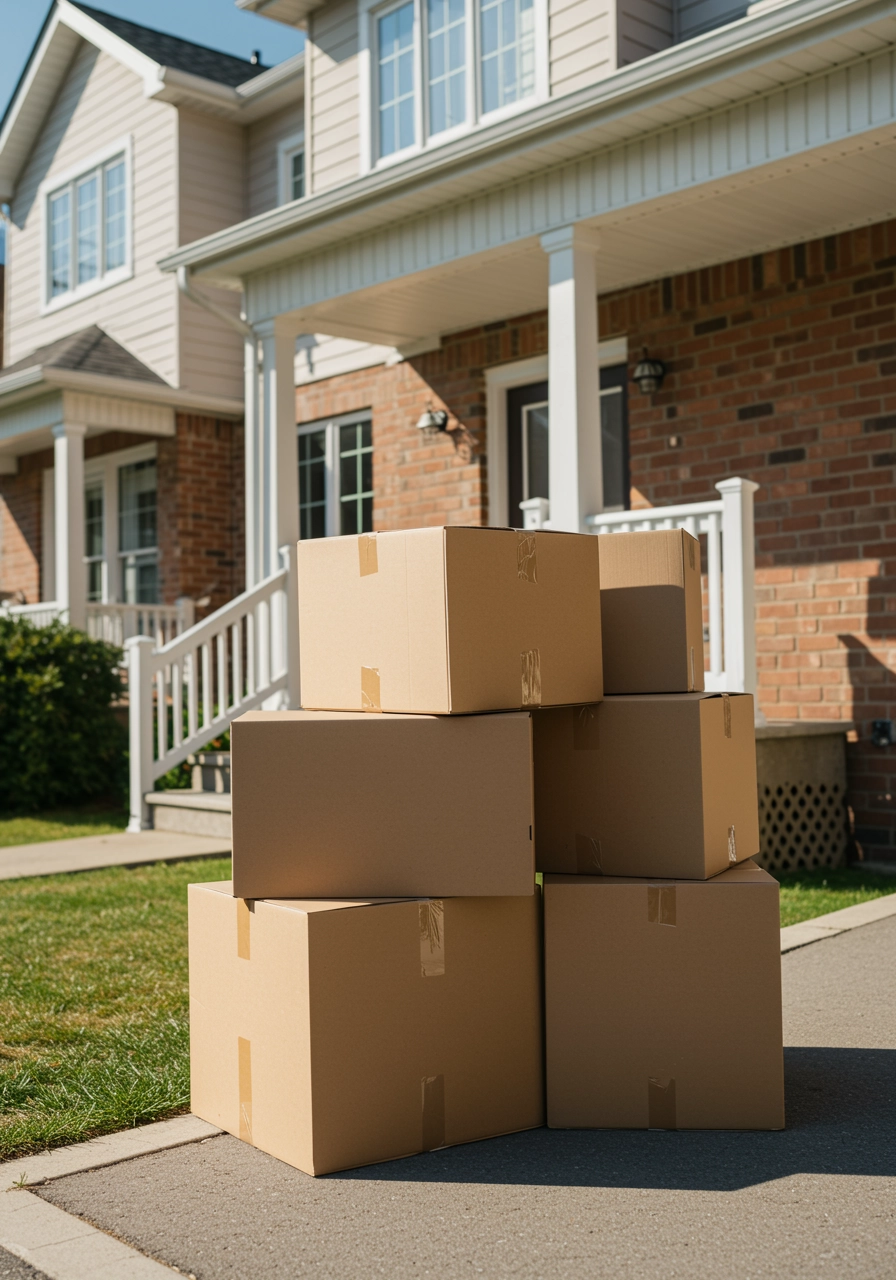 Close-up of moving boxes stacked on a sunny driveway in front of a suburban Ontario home, with a partial glimpse of a moving truck ramp.