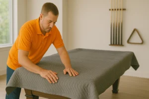 A man putting a moving blanket on a pool table in a London, Ontario games room.