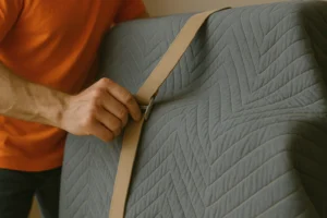A man securing a moving strap on a blanketed piano in London, Ontario.