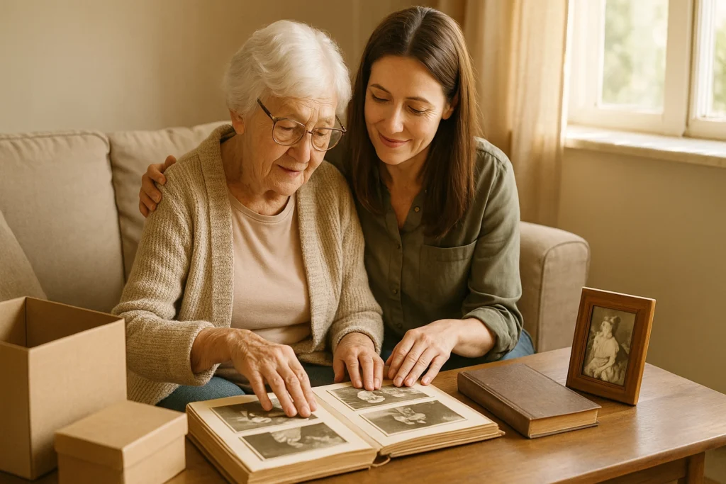 An older woman and her daughter reviewing a photo album.