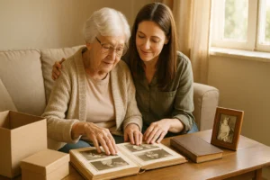 An older woman and her daughter reviewing a photo album.